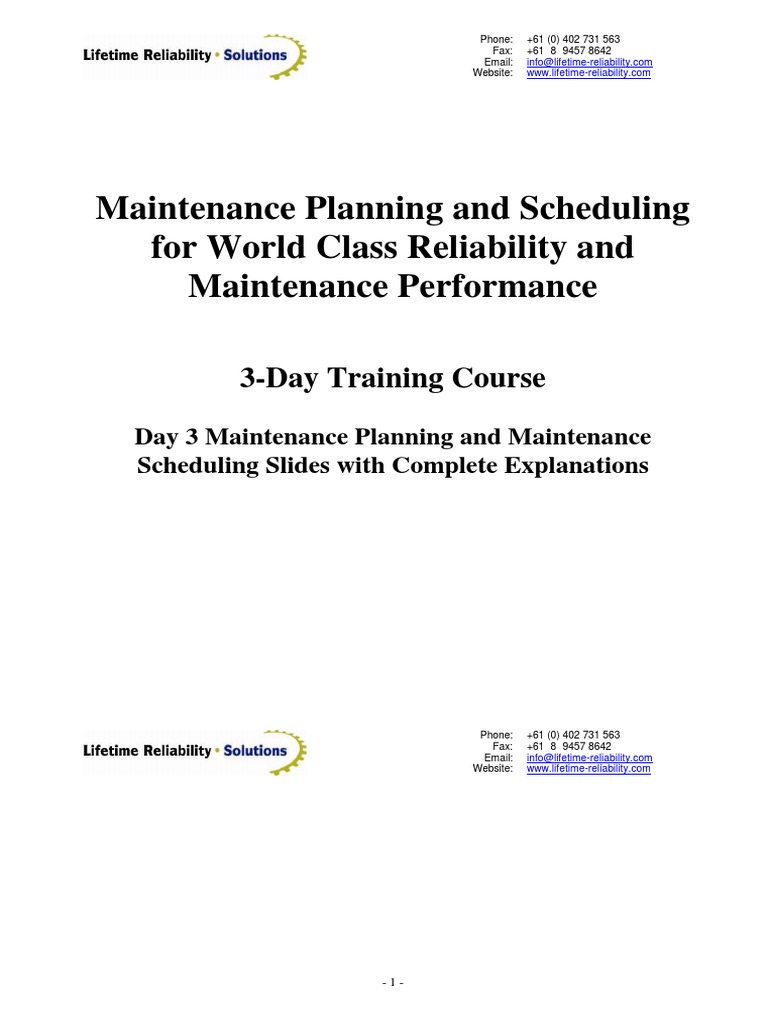 Maintenance Planning for Reliability Training | PDF | Reliability ...