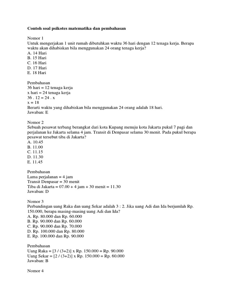 Contoh Soal Psikotes Matematika Dan Pembahasan Docx