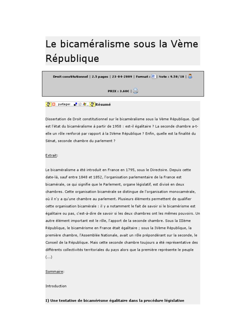 Le Parlement Sous La 5ème République Dissertation Le Bicaméralisme Sous La Vème République | PDF