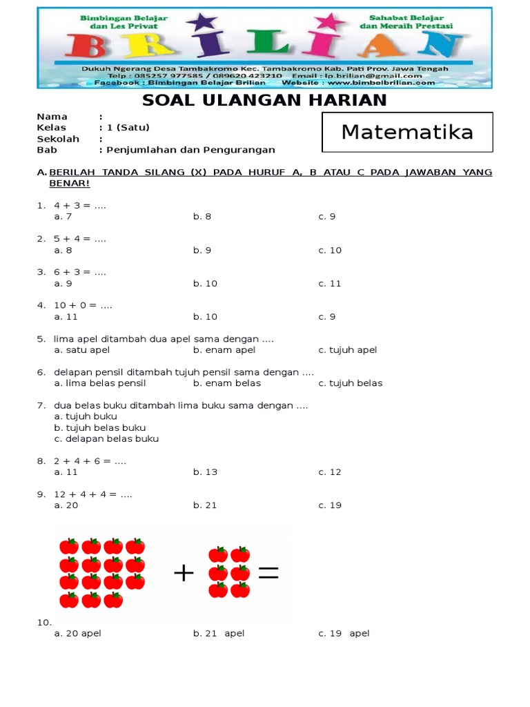 Soal Matematika Kelas 1 SD Bab 2 Penjumlahan Dan Pengurangan Dan Kunci