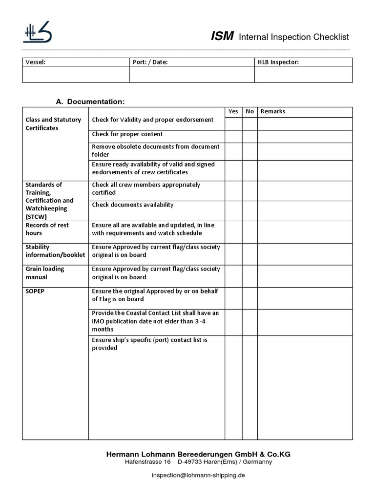 ISM Internal Inspection Checklist | PDF | Duct (Flow) | Navigation