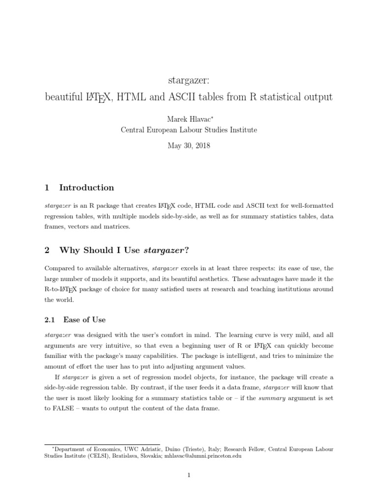 Create Beautiful Tables in R with stargazer | PDF | Coefficient Of ...