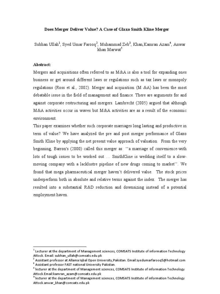 Merger Value Creation | PDF | Glaxo Smith Kline | Mergers And Acquisitions