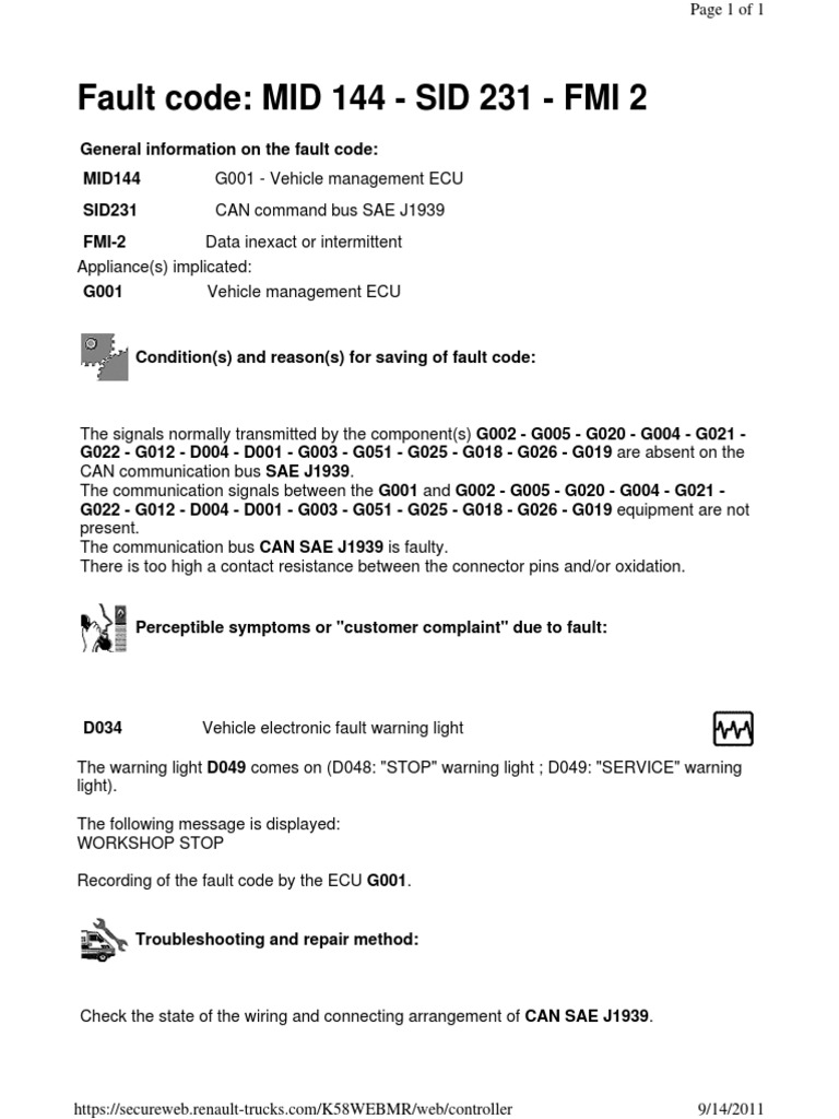 Error Code Renault or Volvo Truck Mid 144 Sid 231 Fmi 2 PDF