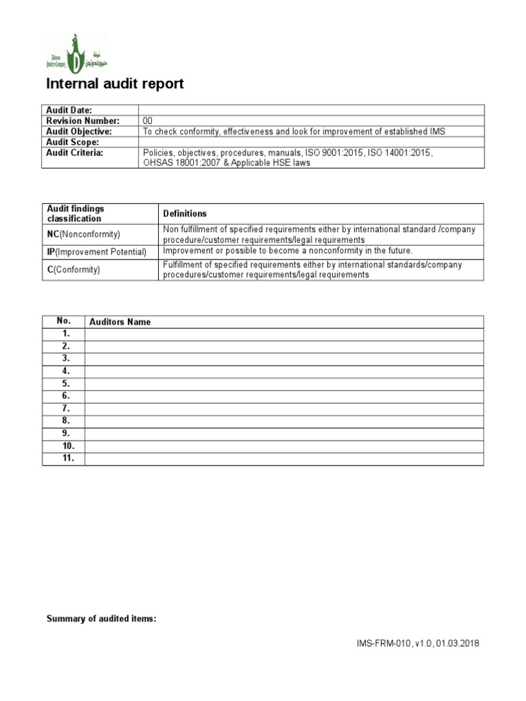 010 Audit Report Internal Audit Audit