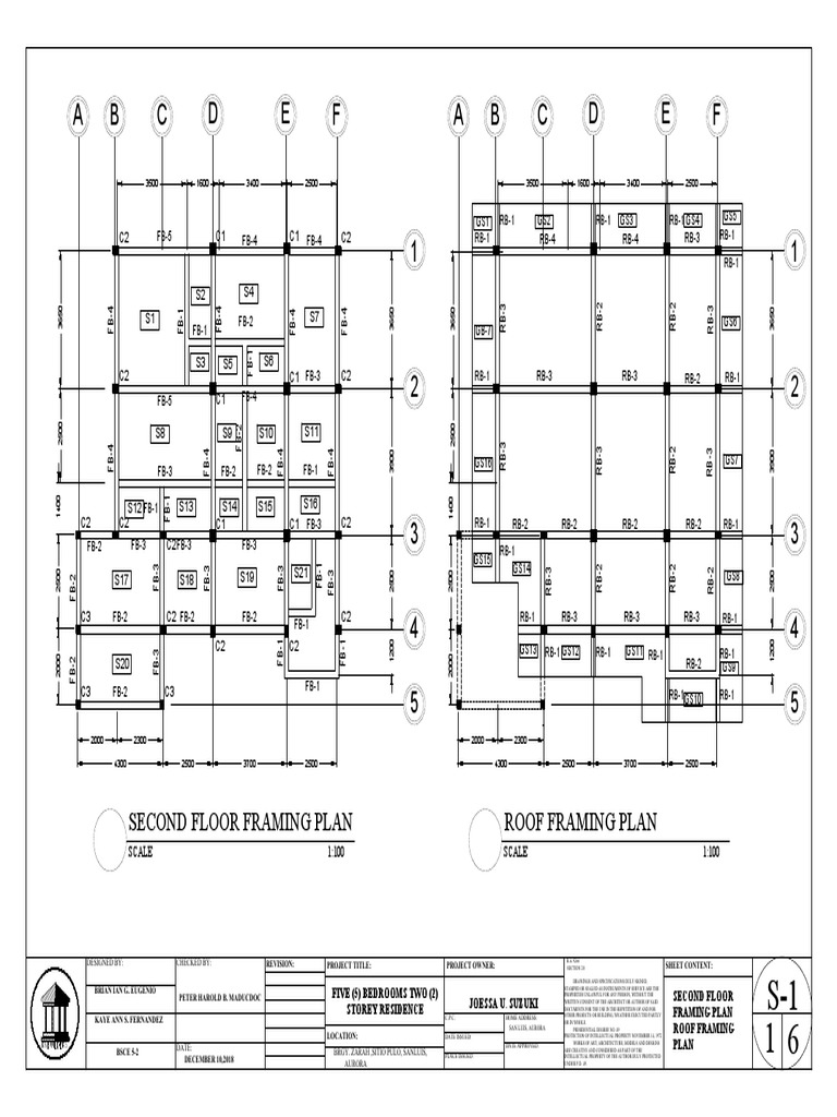A B C D E F A B C D E F: Second Floor Framing Plan Roof Framing Plan ...
