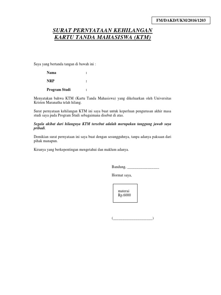 1203 Surat Pernyataan Kehilangan Ktm