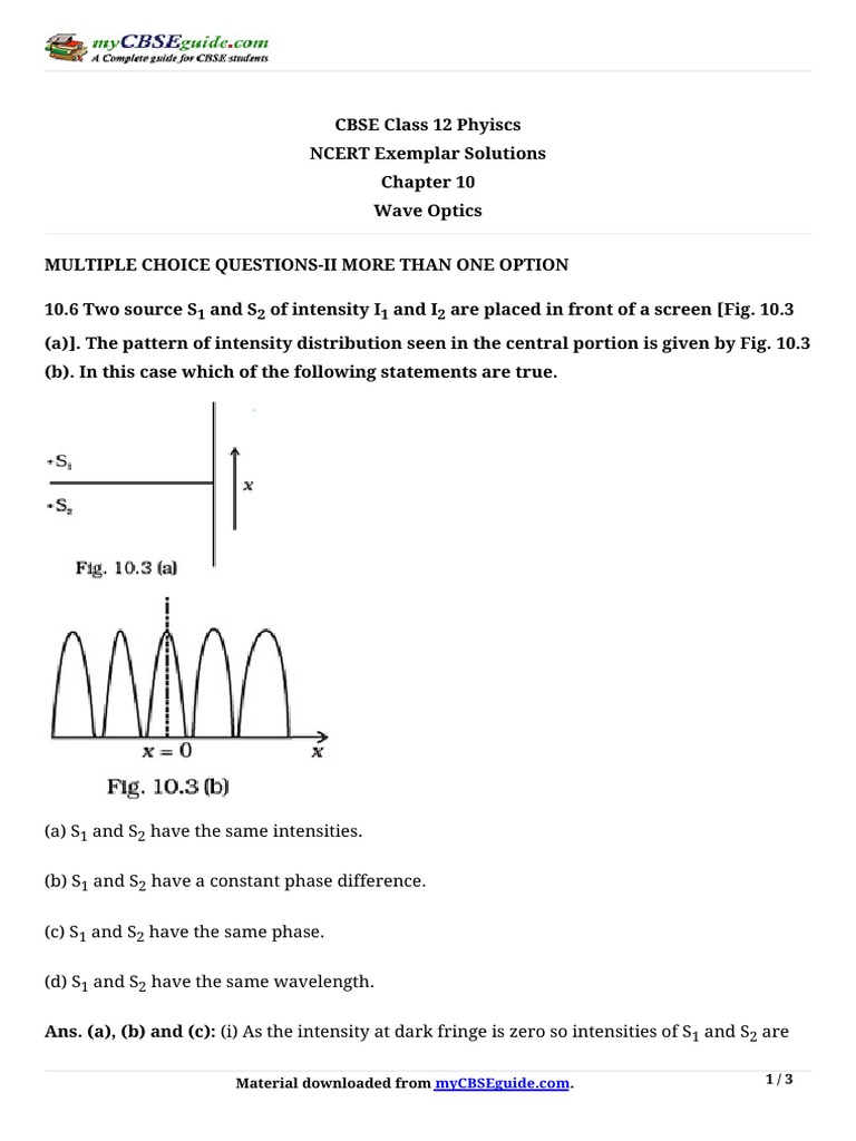 CBSE Class 12 Phyiscs NCERT Exemplar Solutions Chapter 10 Wave Optics