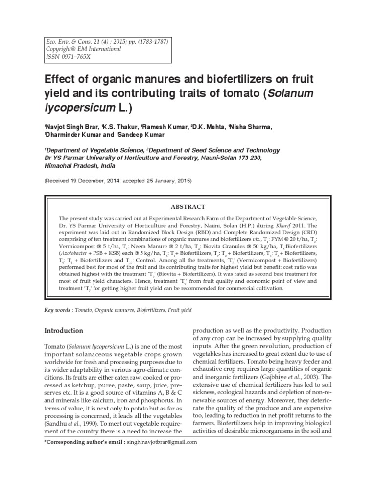 Effect of Organic Manures and Biofertilizers On Fruit Yield and Its ...
