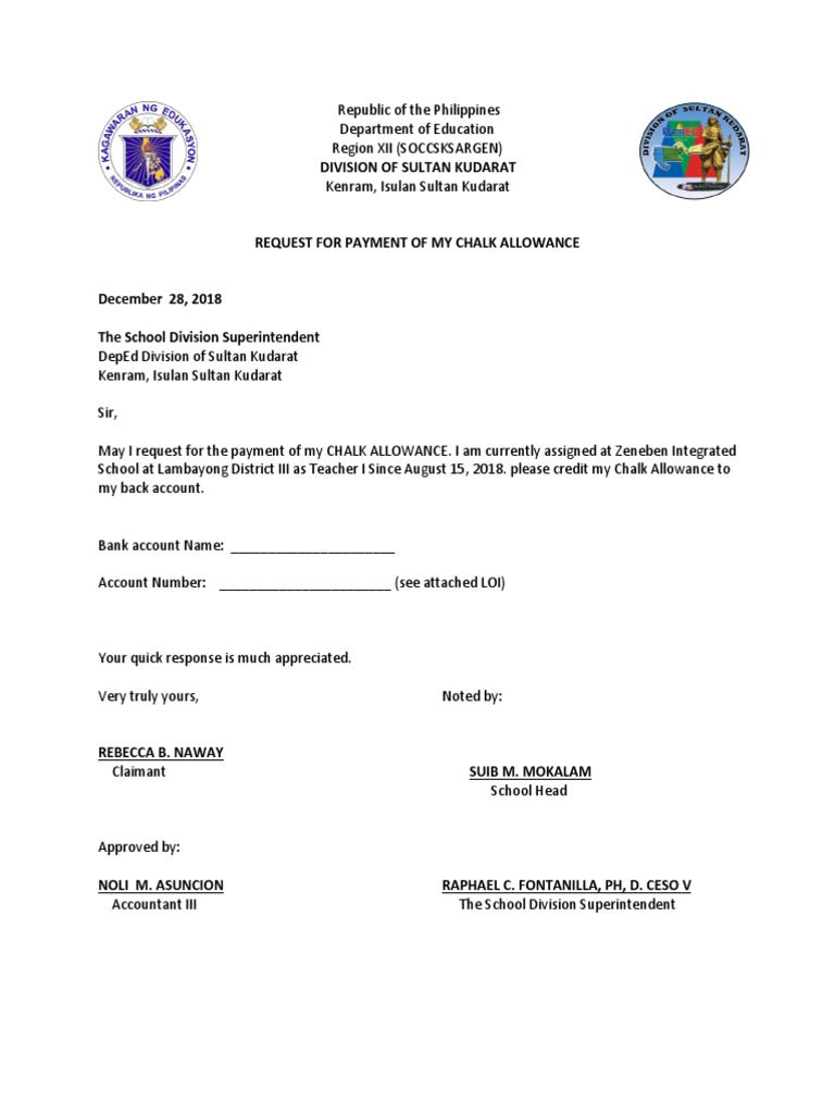 Request for Payment of Chalk Allowance and Clothing Allowance PDF