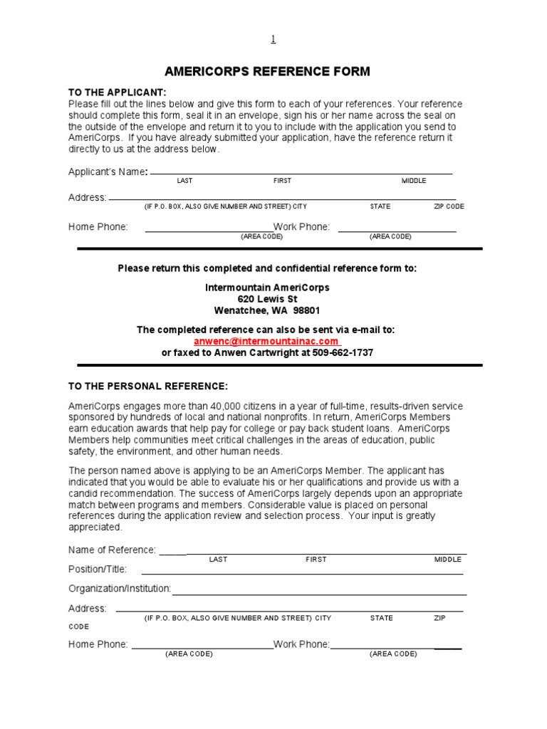 Americorps Reference Form: Last First Middle | PDF | Cognition | Psychology