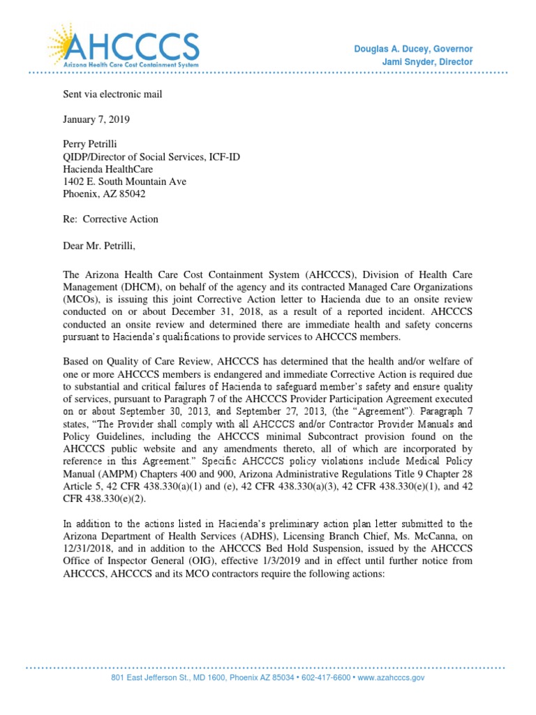 AHCCCS Hacienda Corrective Action Letter 01-07-19 | Health Care