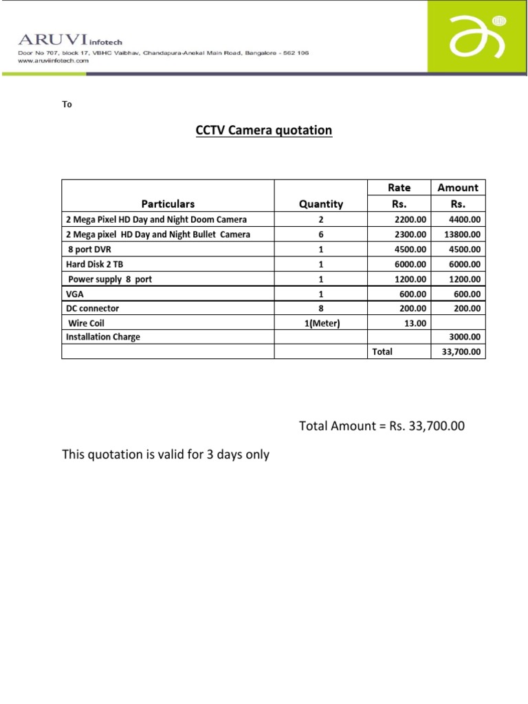 CCTV Camera Quotation Particulars Quantity Rate Amount Rs. Rs PDF
