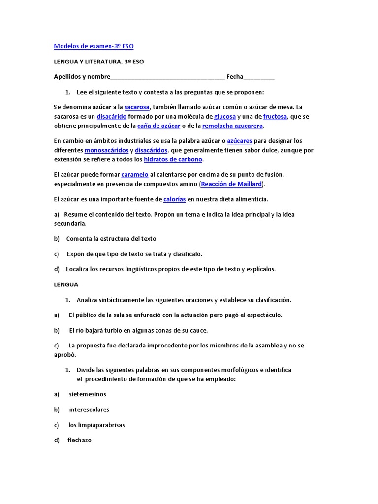 Modelos Lengua y Literatura 3 Eso | PDF | Sacarosa | Azúcar