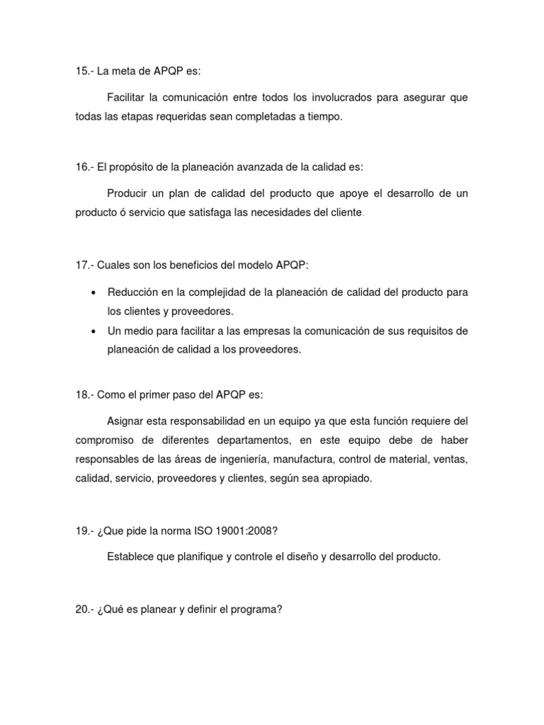Cuestionario Apqp | PDF | Calidad (comercial) | Planificación