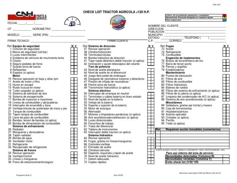 Check List Mantenimiento Tractor Agrícola | PDF | Ingeniería mecánica ...