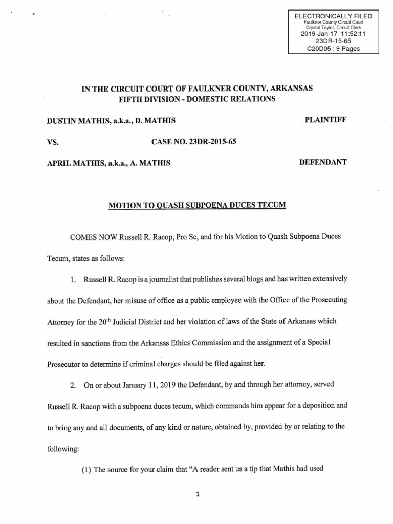 Motion to Quash Subpoena Template | PDF