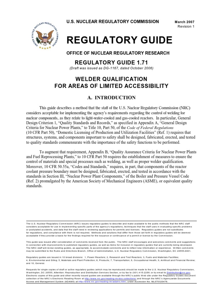 Regulatory Guide 1.71 | PDF | Nuclear Regulatory Commission | Welding