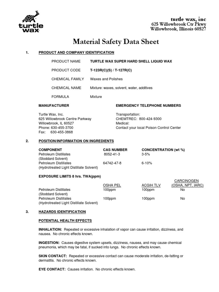 Turtle Wax Liquid Super Hard Shell MSDS Dangerous Goods Hazardous Waste