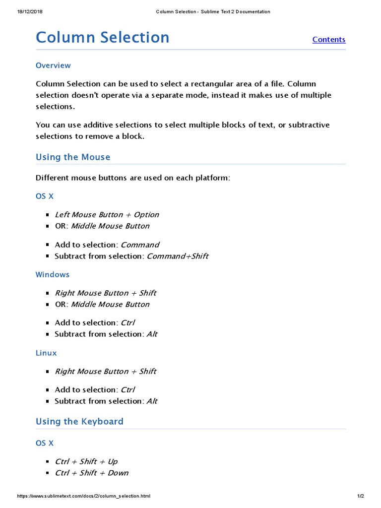 Sublime Text 2: Column Selection Guide | PDF