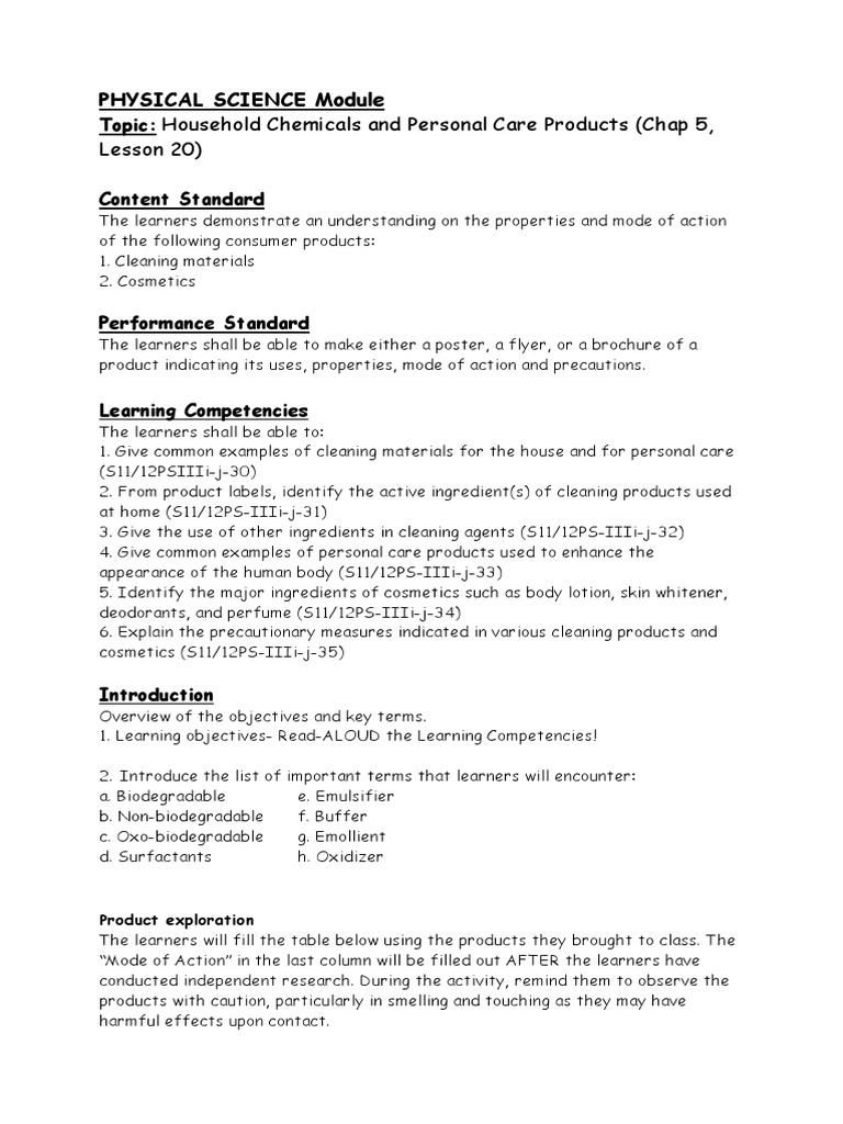 Household Chemicals and Personal Care Products (Chap 5, Lesson 20) PDF Surfactant Water