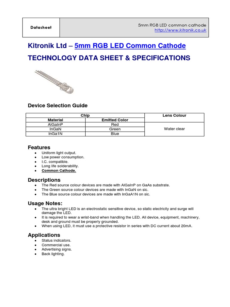 5mm RGB LED Common Cathode Datasheet | PDF | Light Emitting Diode ...
