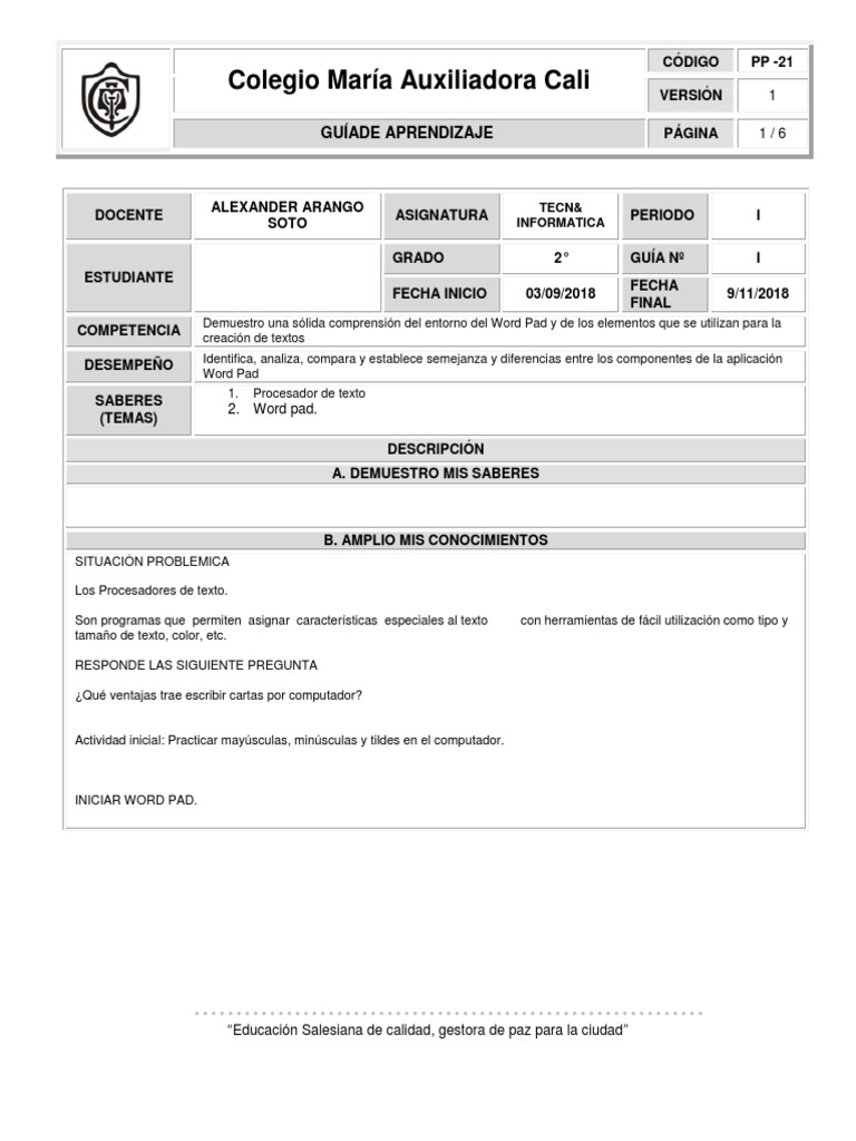 GUIA TECNOLOGIA GRADO 2° I Periodo | PDF | Microsoft Word | Programa de ...