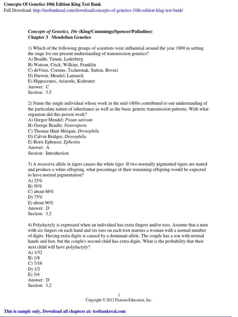 Concepts Of Geics 10th Edition Klug Test Bank Dominance Geics Zygosity