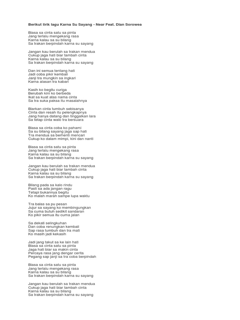 Berikut Lirik Lagu Karna Su Sayang Pdf