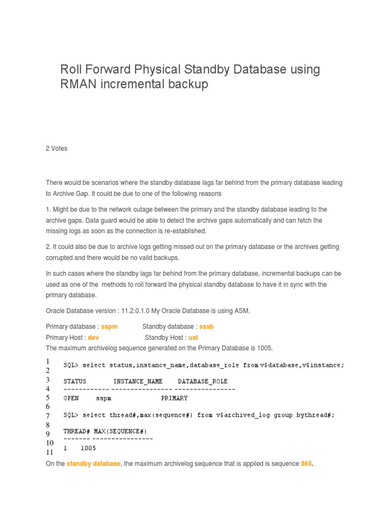 Standby Database Roll Forward using RMAN incremental Backup Oracle