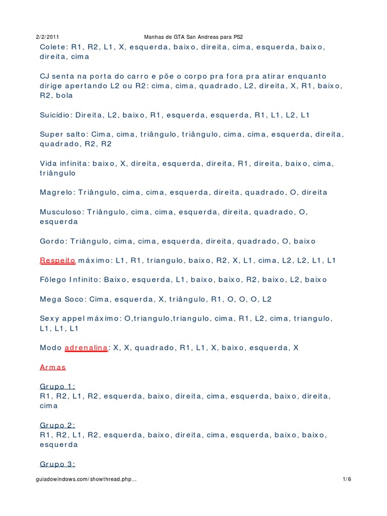 Manhas de GTA San Andreas para PS2 2, PDF, Lazer