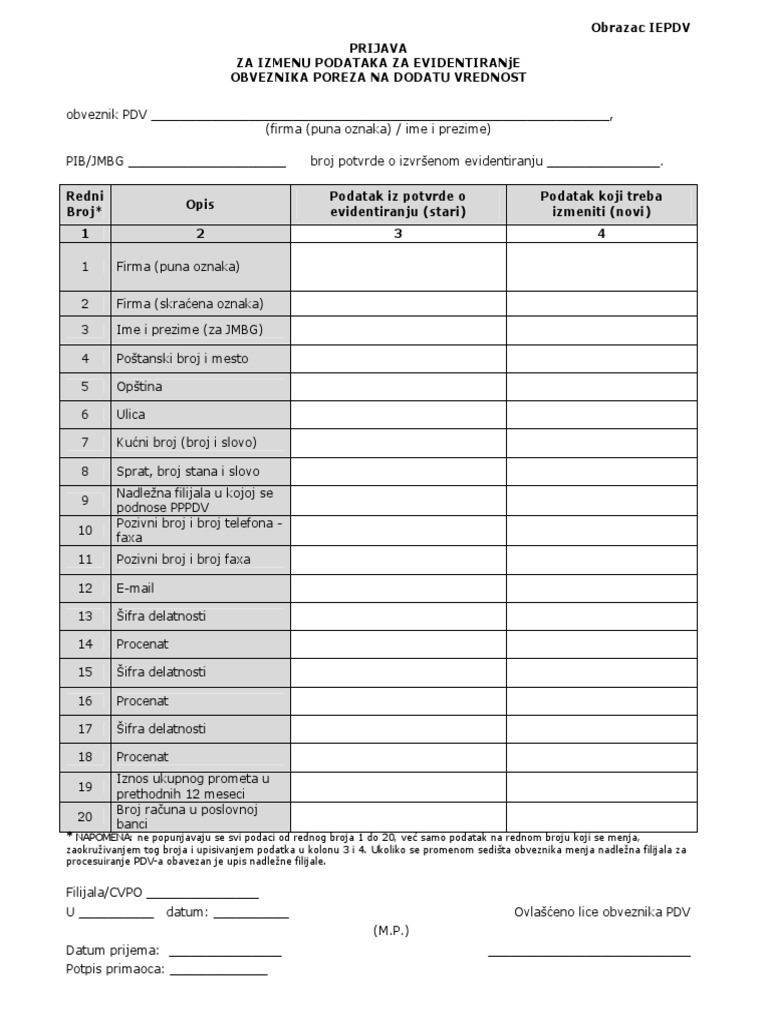 Obrazac Iepdv - Prijava Za Izmenu Podataka Za Evidentiranje Obveznika ...