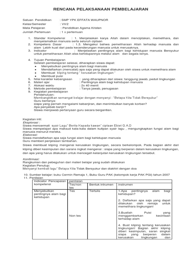 k13 Rpp Pak Kelas Vii Smtr 2