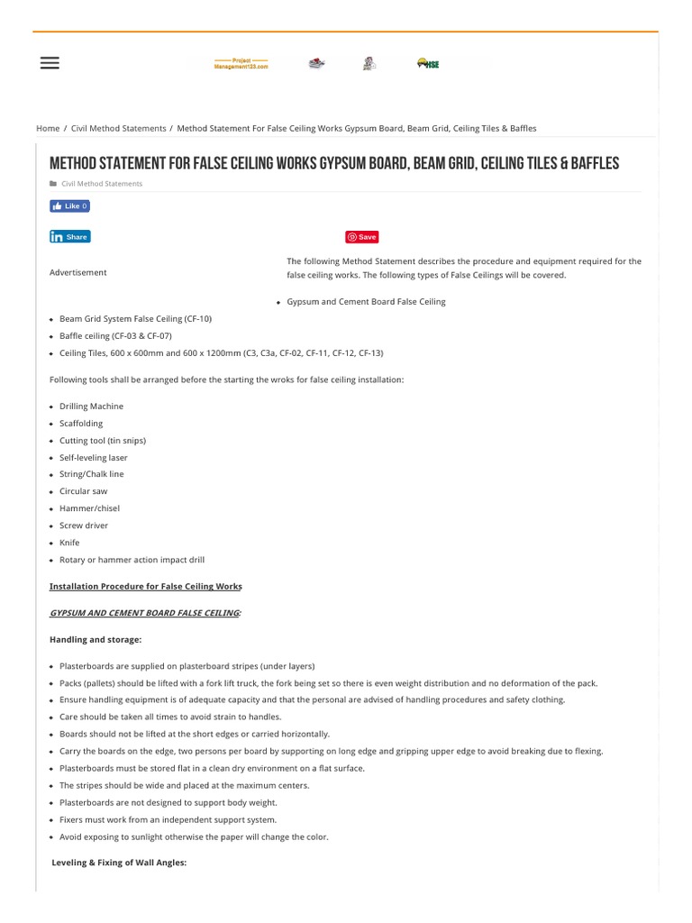 Method Statement For False Ceiling Works Gypsum Board, Beam Grid ...