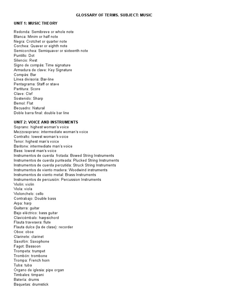 Glossary of Terms. Subject Music Unit 1 Music Theory PDF Tempo
