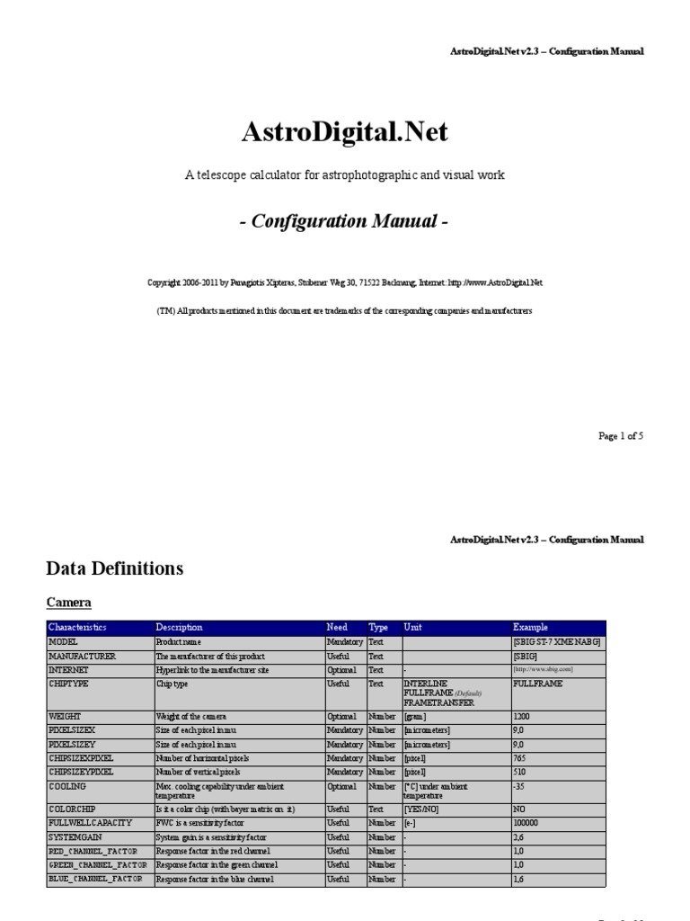Configuration Manual A Telescope Calculator For Astrophotographic