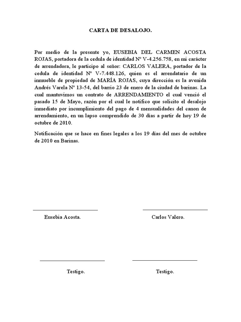CARTA DE DESALOJO