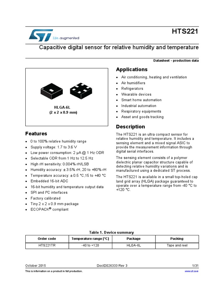 HTS221 Humidity and Temp Sensor-Digital | PDF | Digital Electronics ...