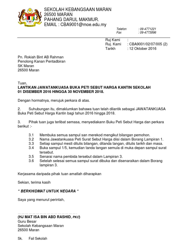Contoh Surat Pelantikan Jawatankuasa Sebut Harga
