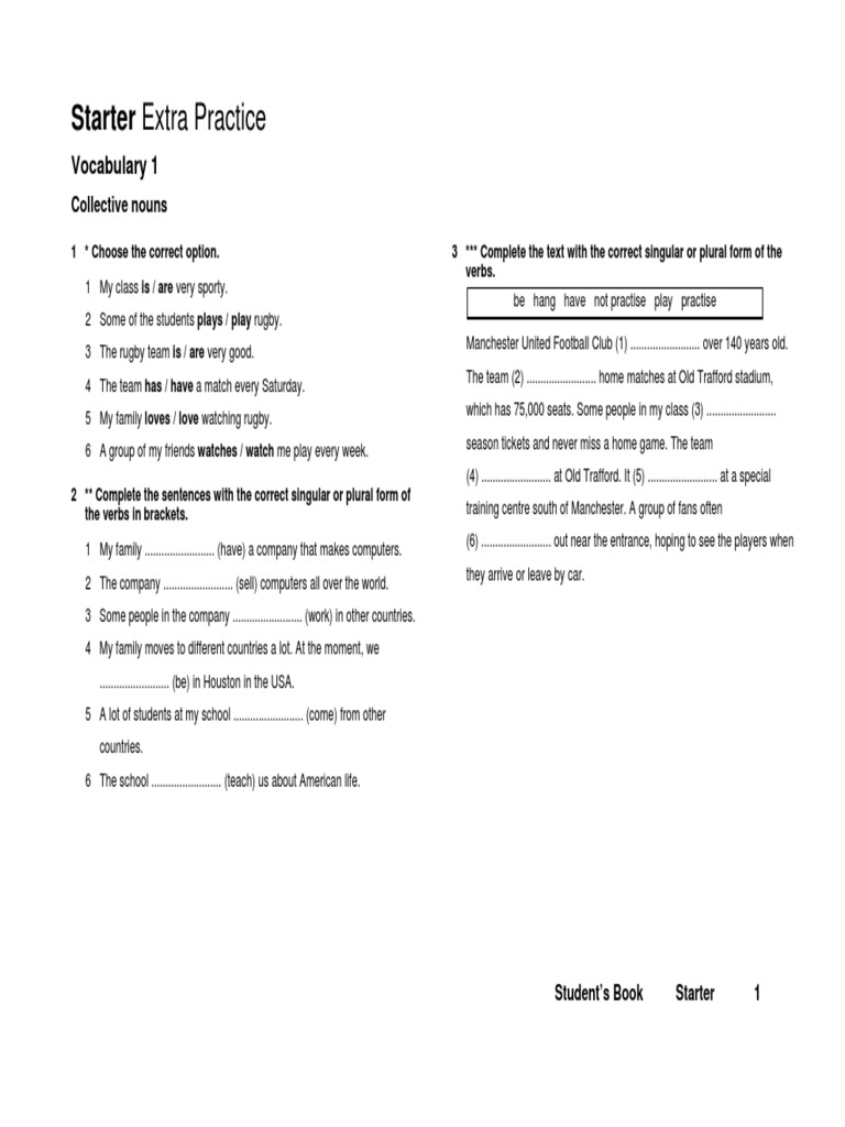 Starter Extra Practice Vocabulary 1 PDF Sock Shoe