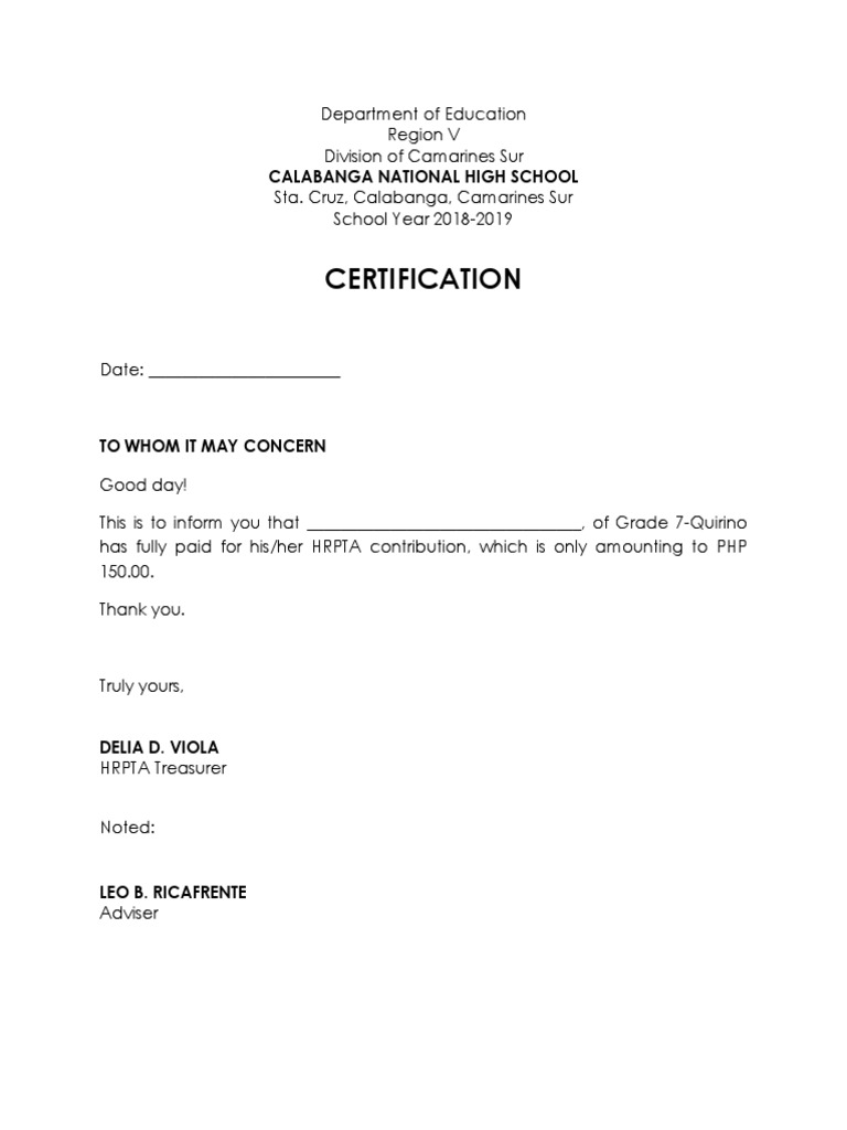 Calabanga National High School Certification | PDF