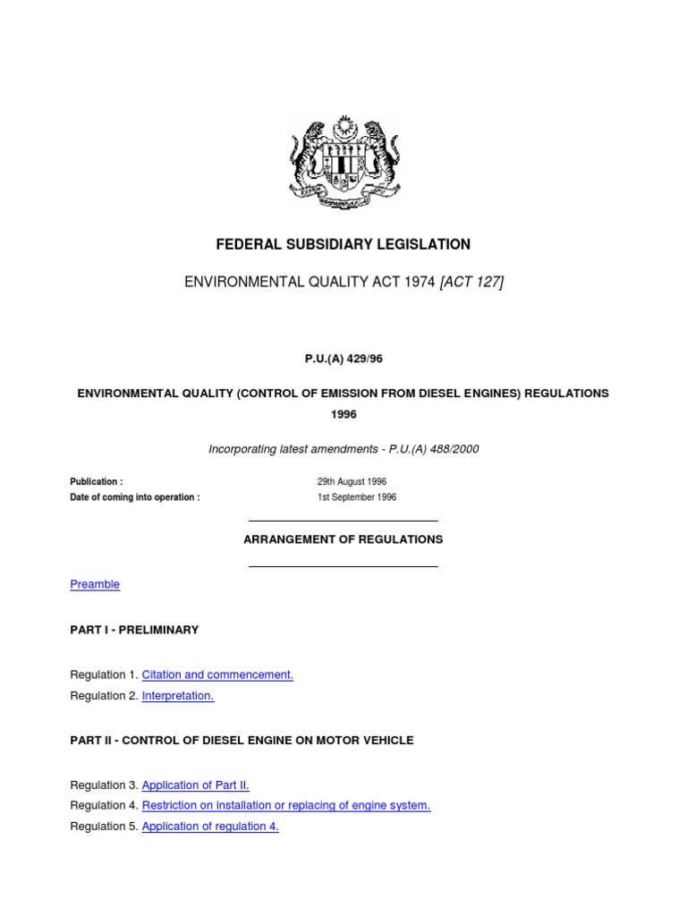 Environmental Quality Control of Emission From Diesel Engines Regulations 1996 P.U.a 42996