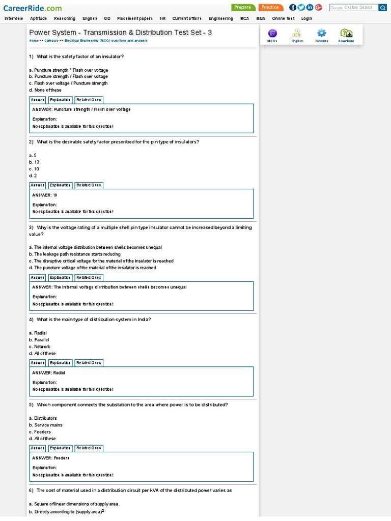 Power System Transmission Distribution Test Set 3 PDF