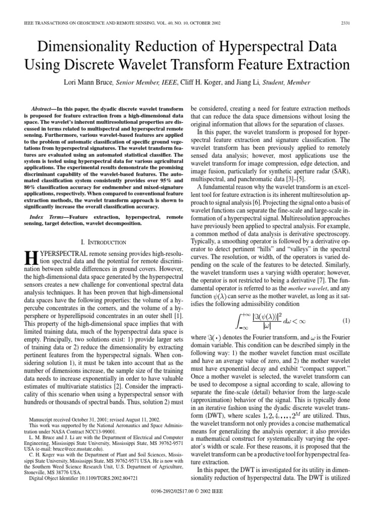 Dimensionality Reduction of Hyperspectral Data Using Discrete Wavelet ...
