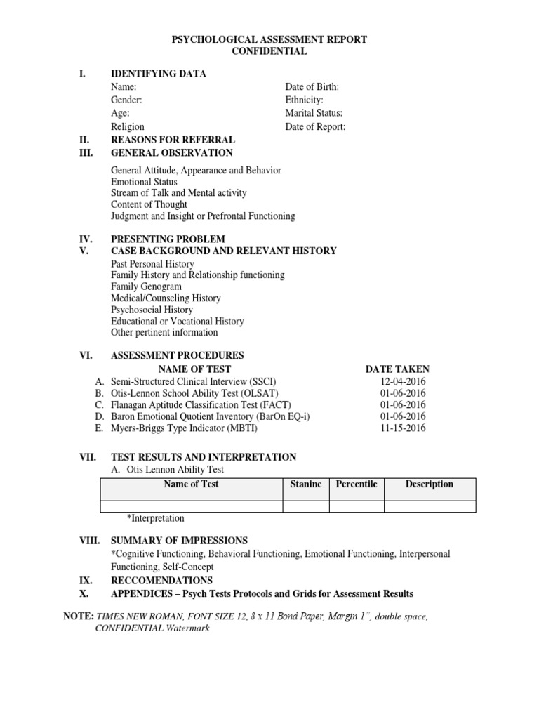 Psychological Test Report Format | PDF