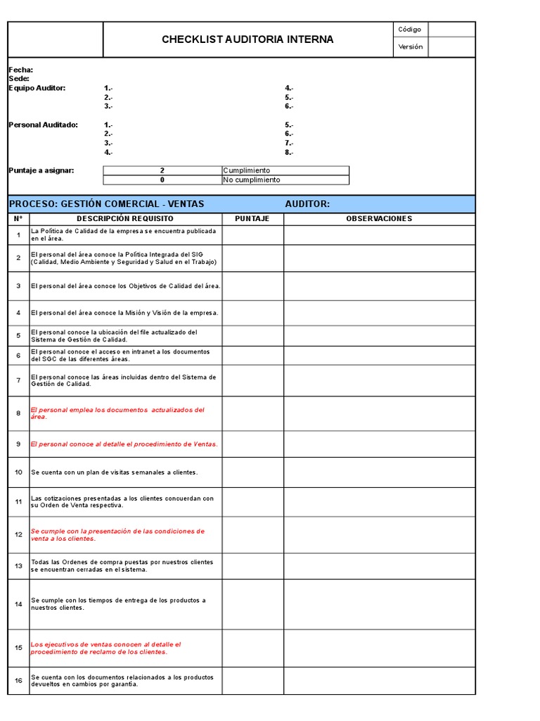Checklist Auditoria Interna | PDF | Calidad (comercial) | Auditoría