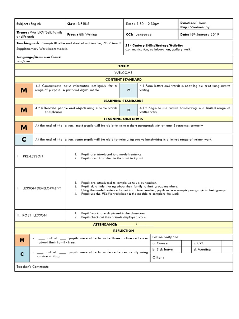 Lesson Plan English Year 3 Cefr Wed 16 1 | PDF | Teachers | English ...