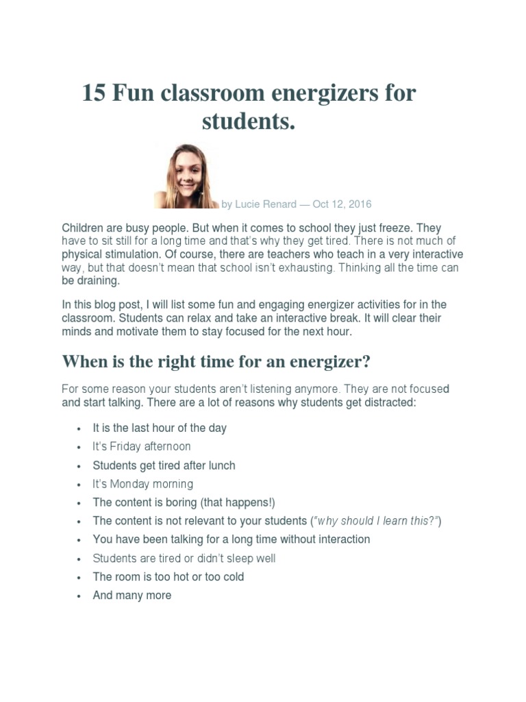 15 Fun Classroom Energizers For Students PDF Classroom Teachers