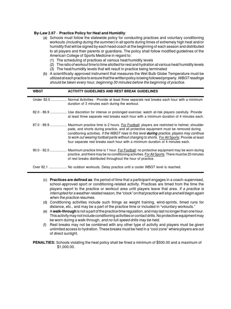 By-Law 2.67 - Practice Policy For Heat and Humidity:: WBGT Activity ...