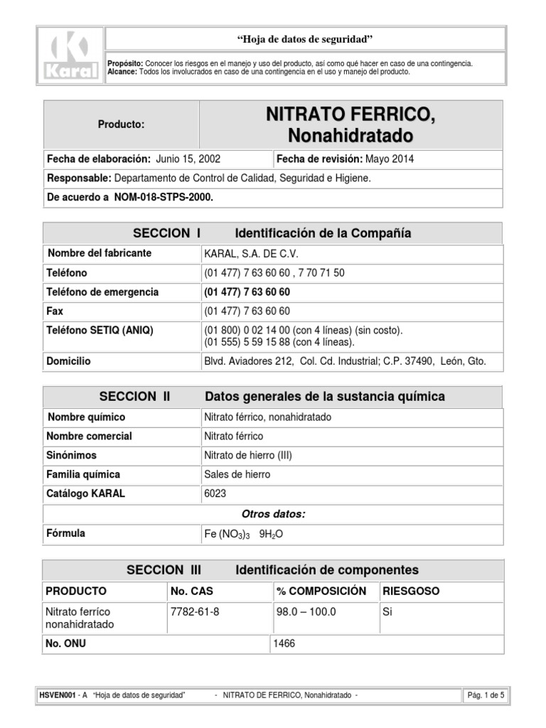 NITRATO FERRICO_HsVen001 Hoja de Datos de Seguridad Aluminio Agua